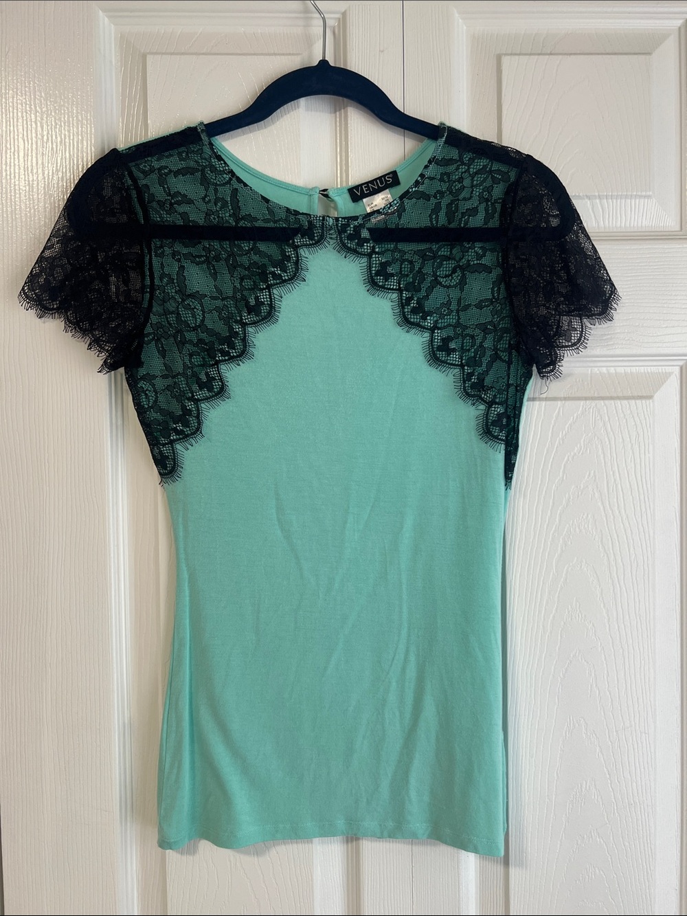VENUS Mint Green Tee with Black Lace Yoke